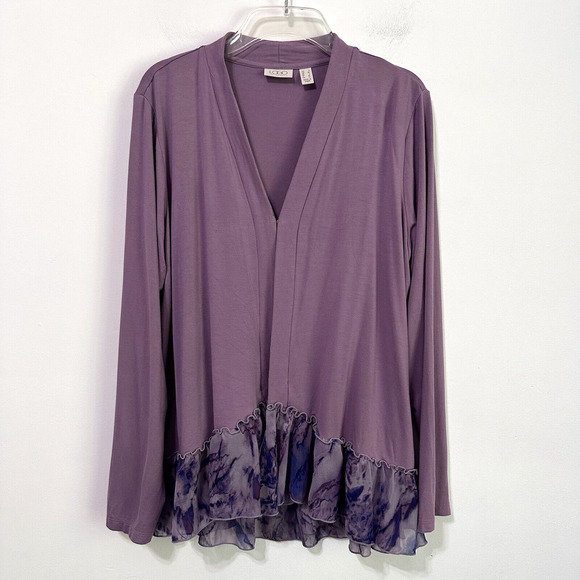 LOGO Lori Goldstein One Hook Closure Ruffle Hem Stretch Knit Cardigan Large FLAW - Picture 1 of 15